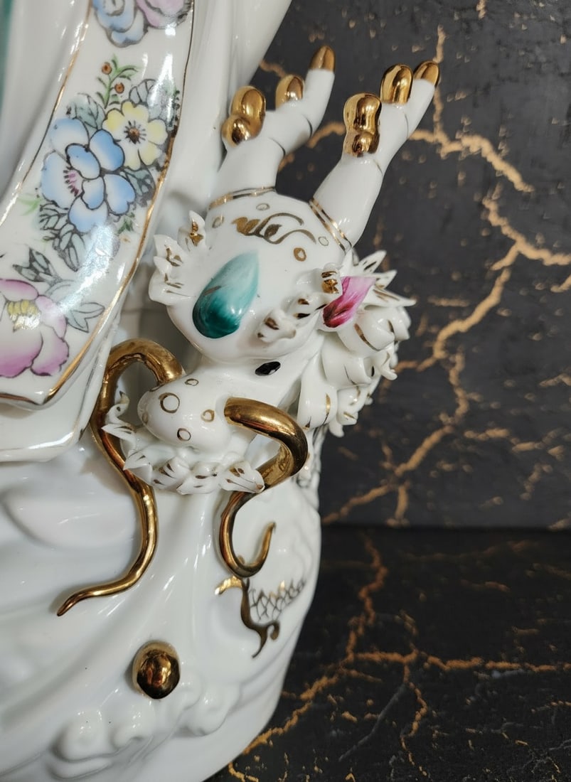 Antique Japanese Ceramic Guanyin Figurine with Koi and Dragon Statue - 5