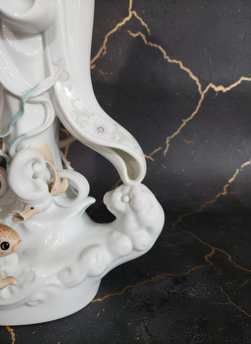 Antique Japanese Ceramic Guanyin Figurine with Koi and Dragon Statue - 6