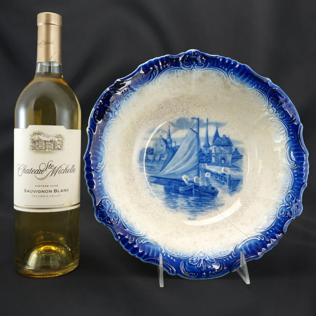19th C Flow Blue Serving Bowl Delft Boat - 2