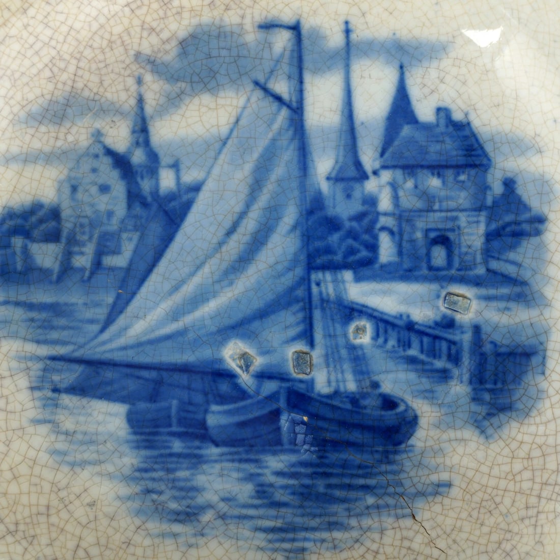 19th C Flow Blue Serving Bowl Delft Boat - 3