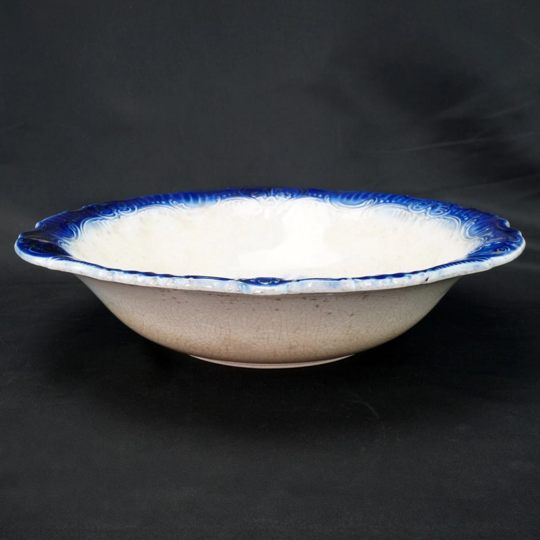 19th C Flow Blue Serving Bowl Delft Boat - 5