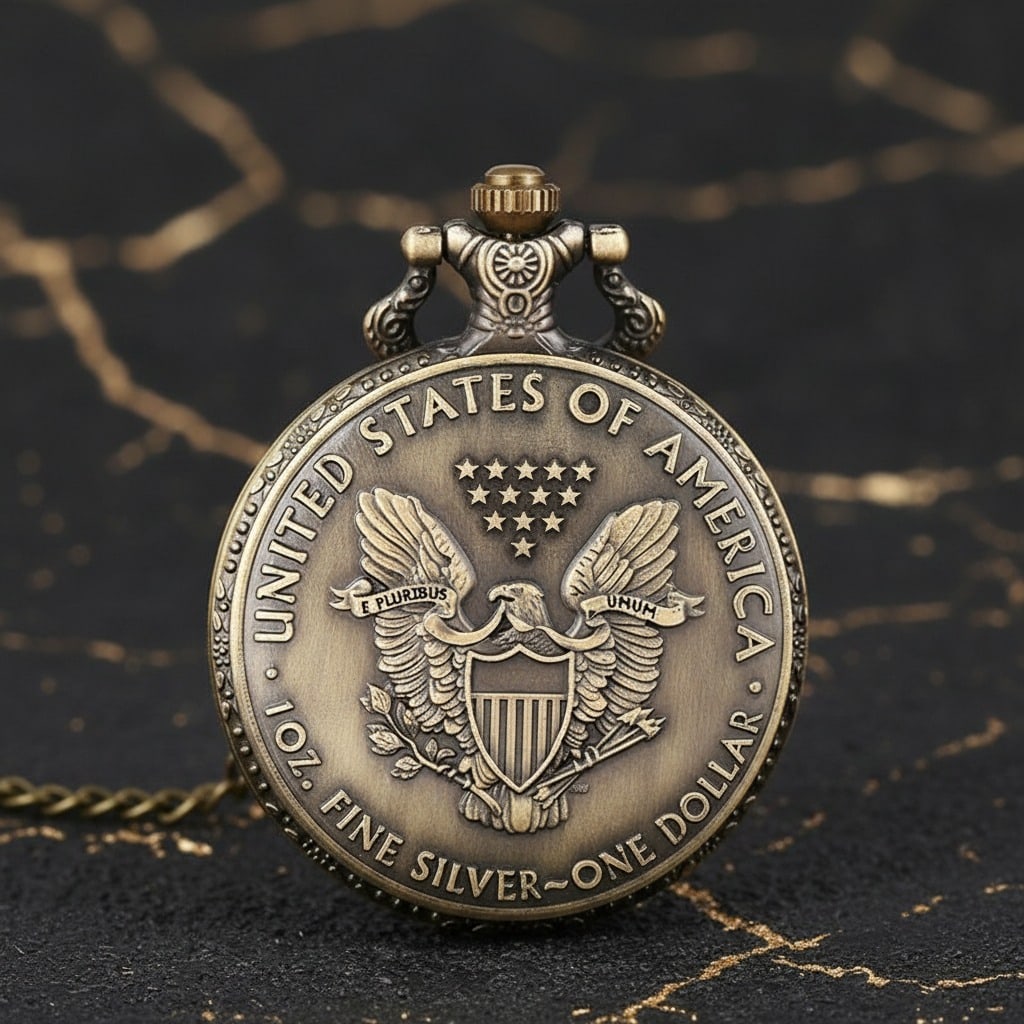 Vintage Bronze Walking Liberty Coin Pocket Watch Mechanical Timepiece - 2