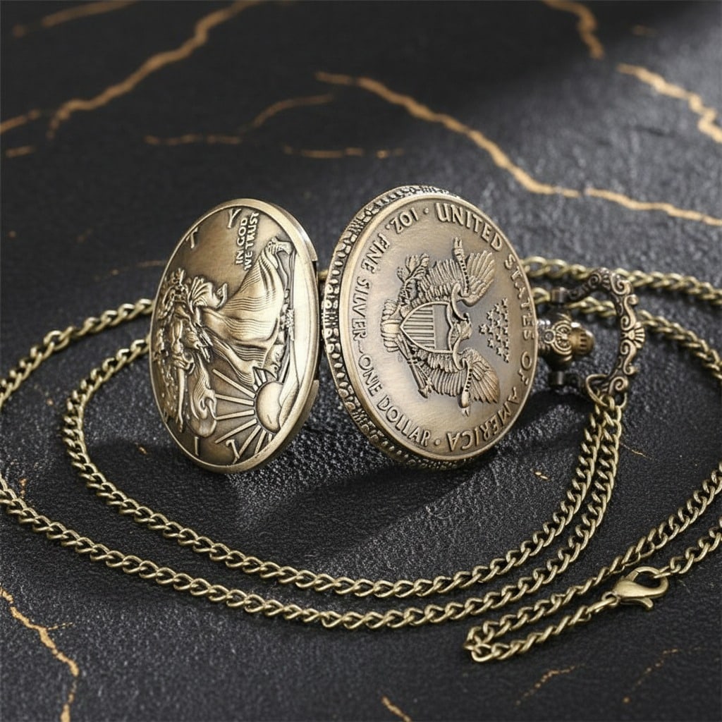 Vintage Bronze Walking Liberty Coin Pocket Watch Mechanical Timepiece - 3