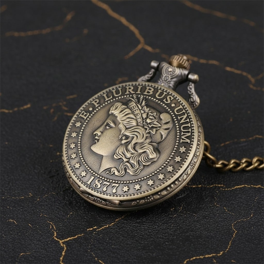 Vintage Bronze Walking Liberty Coin Pocket Watch Mechanical Timepiece - 5