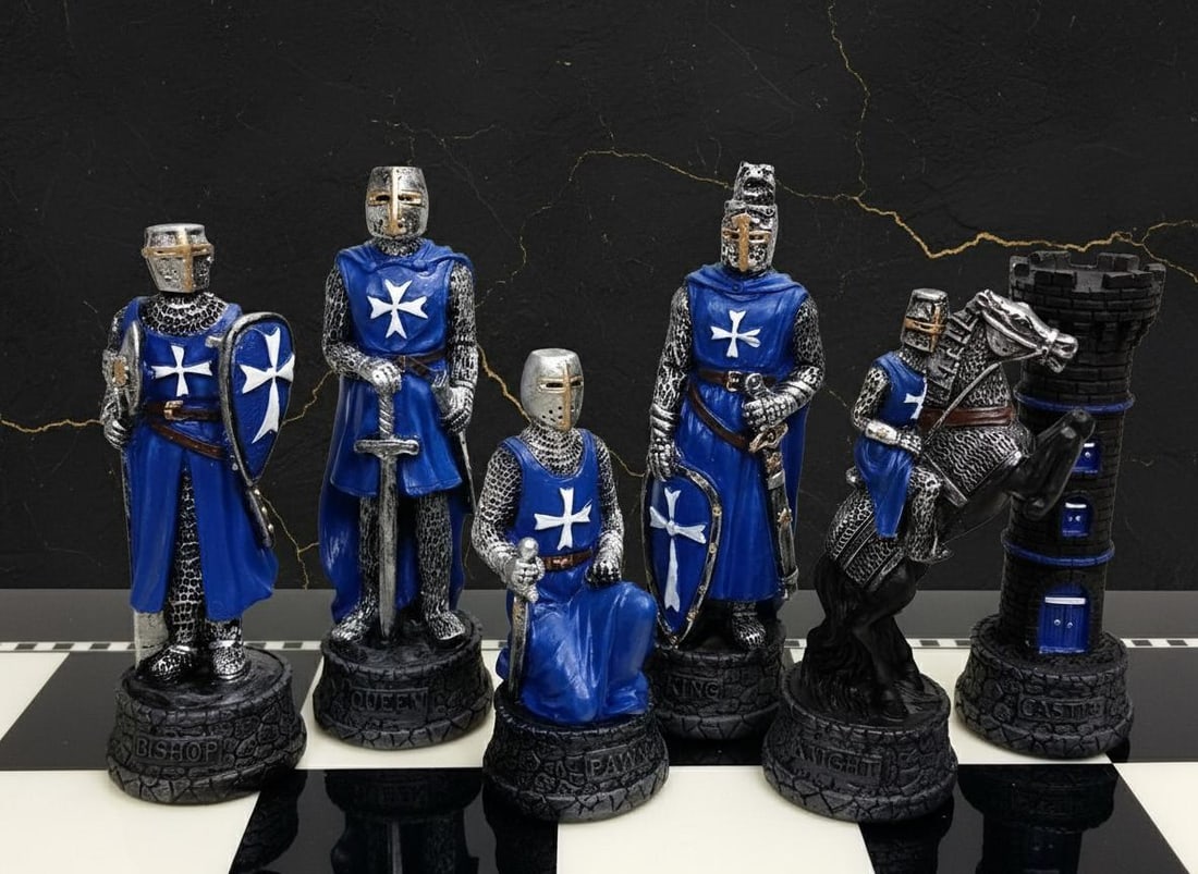 Red and Blue Crusades Chess Set Medieval Maltese Knight Hand Painted Pieces Only - 2