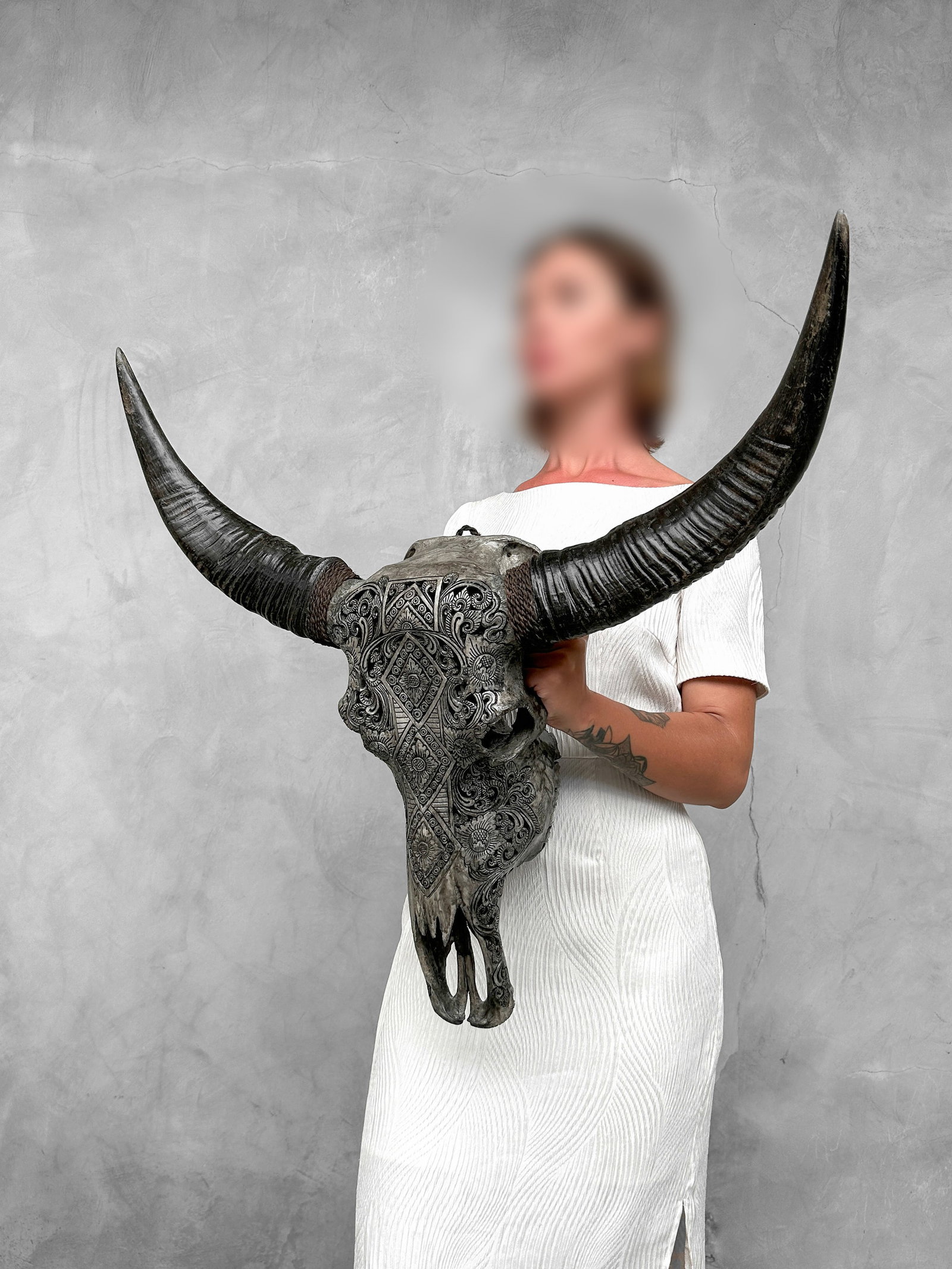 Carved grey water buffalo skull - Ketupat motif - 2