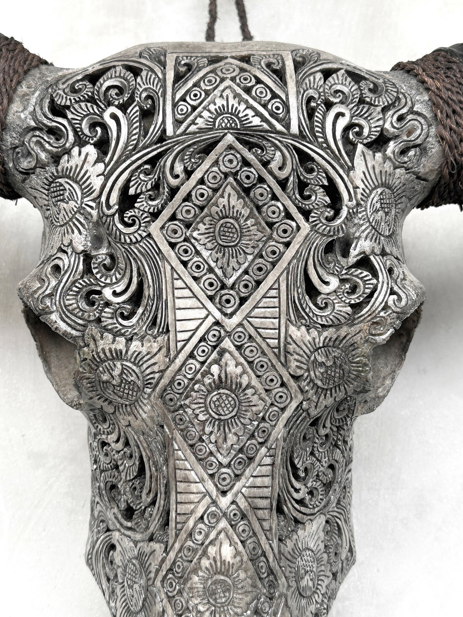 Carved grey water buffalo skull - Ketupat motif - 3