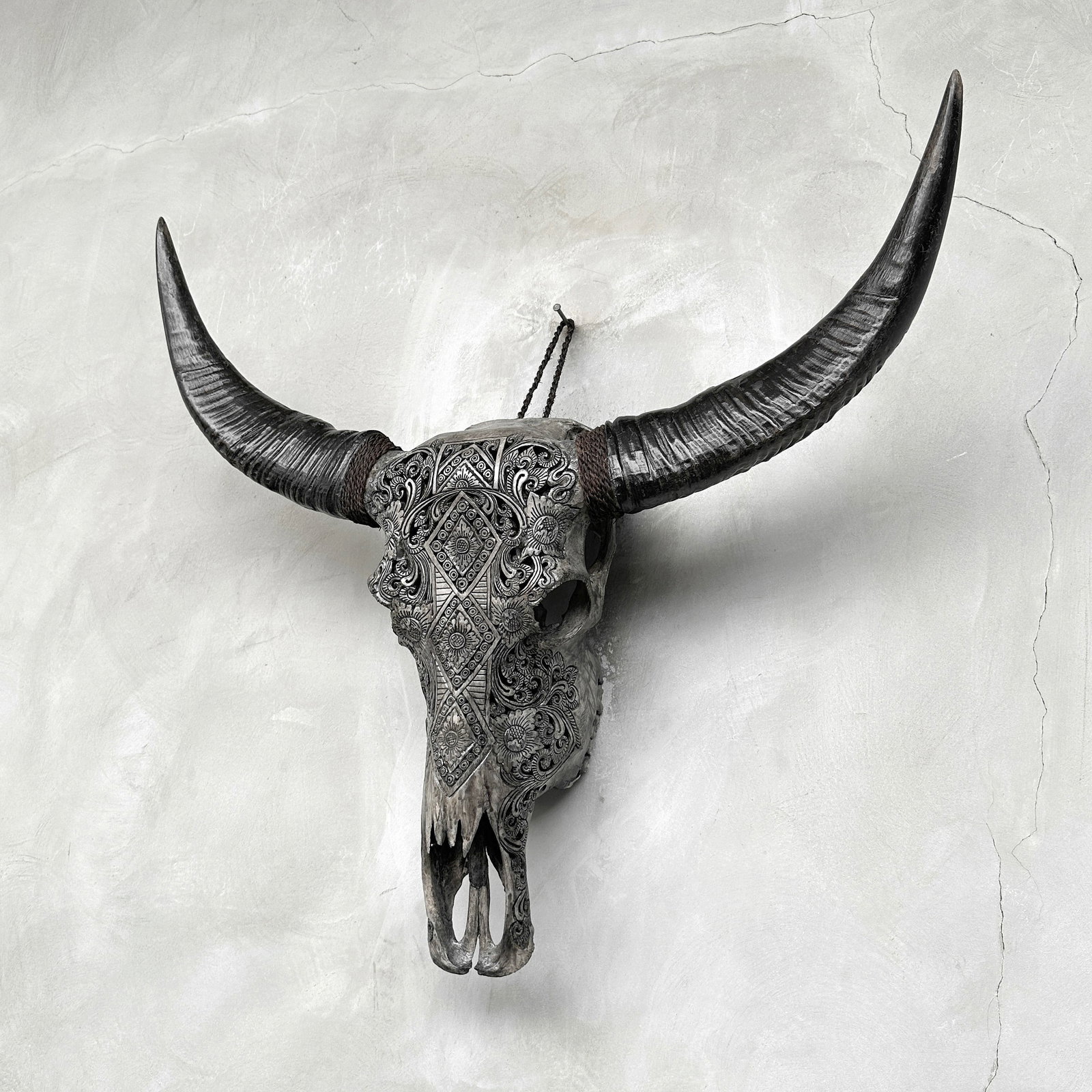 Carved grey water buffalo skull - Ketupat motif - 7