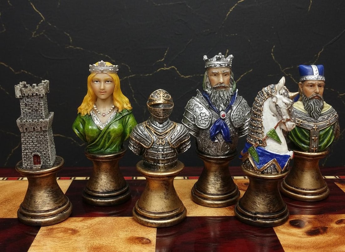 Hand Painted Crusades Chess Pieces Set Medieval Busts Solid Resin 32pc No Board - 2