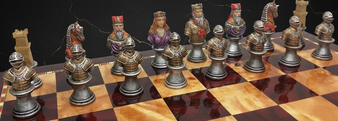 Hand Painted Crusades Chess Pieces Set Medieval Busts Solid Resin 32pc No Board - 5