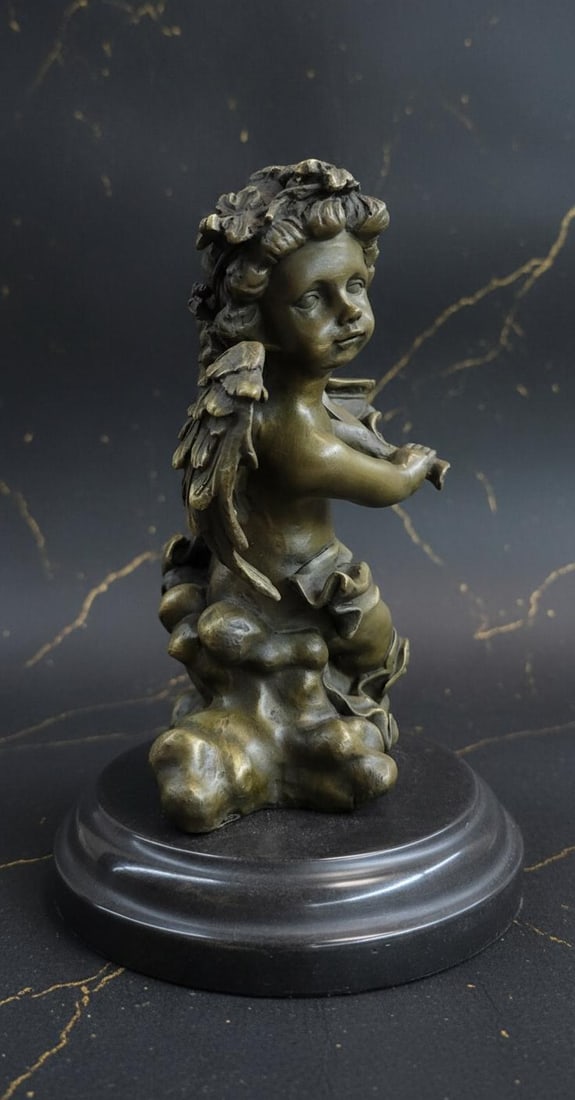 Signed A. Moreau Bronze Cherub Candlestick Sculpture on Marble Base Art Nouveau Style - 5