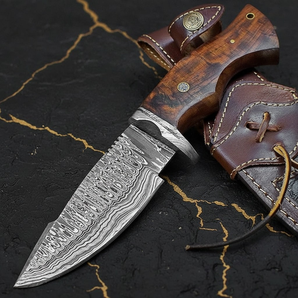 Forged Damascus Steel Fixed Blade Knife with Genuine Leather Sheath - 2