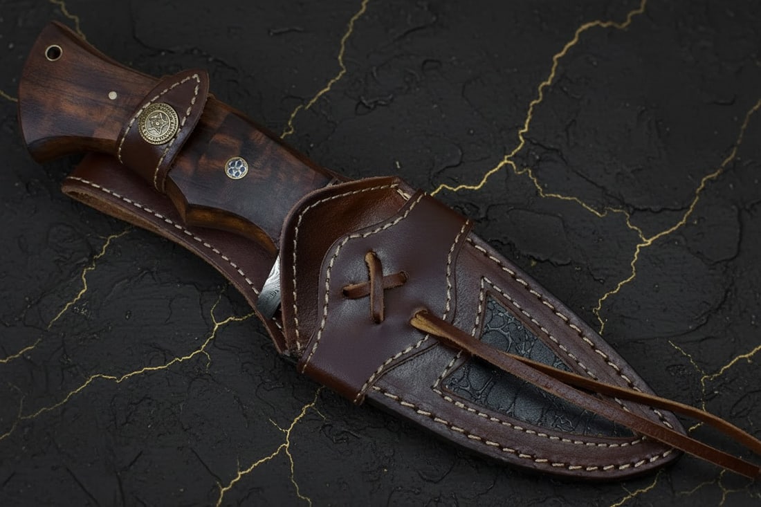 Forged Damascus Steel Fixed Blade Knife with Genuine Leather Sheath - 5
