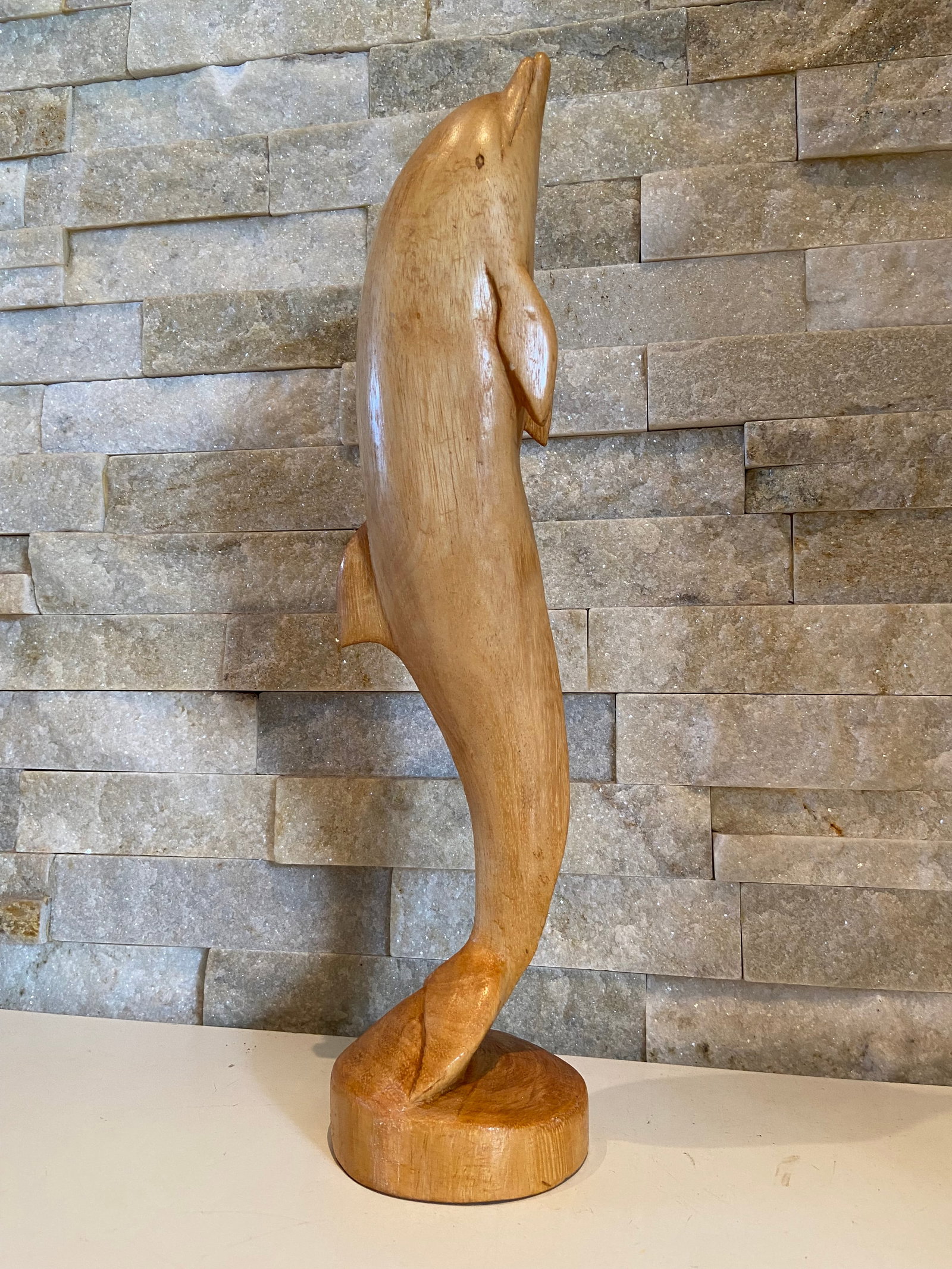 Vintage Large Golden Hardwood Hand Carved Dolphin Statue - 2