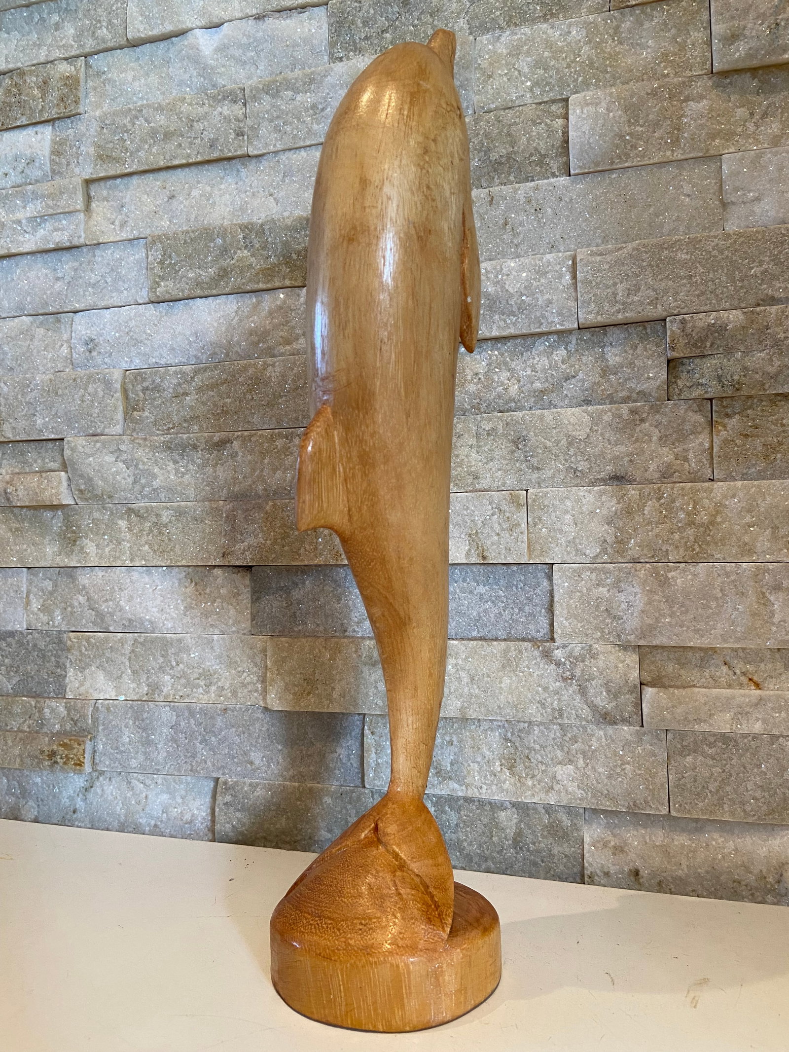 Vintage Large Golden Hardwood Hand Carved Dolphin Statue - 3
