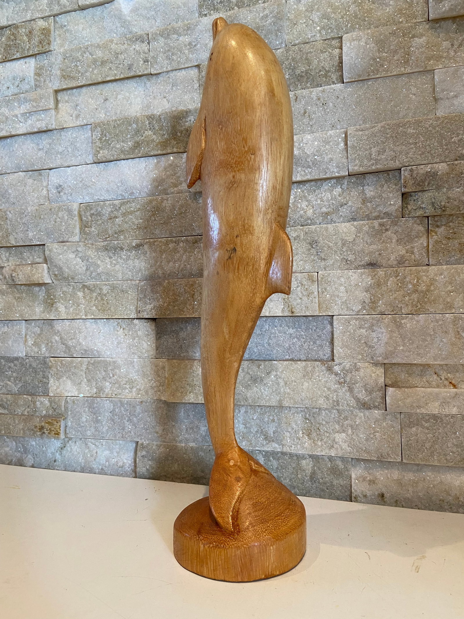 Vintage Large Golden Hardwood Hand Carved Dolphin Statue - 4