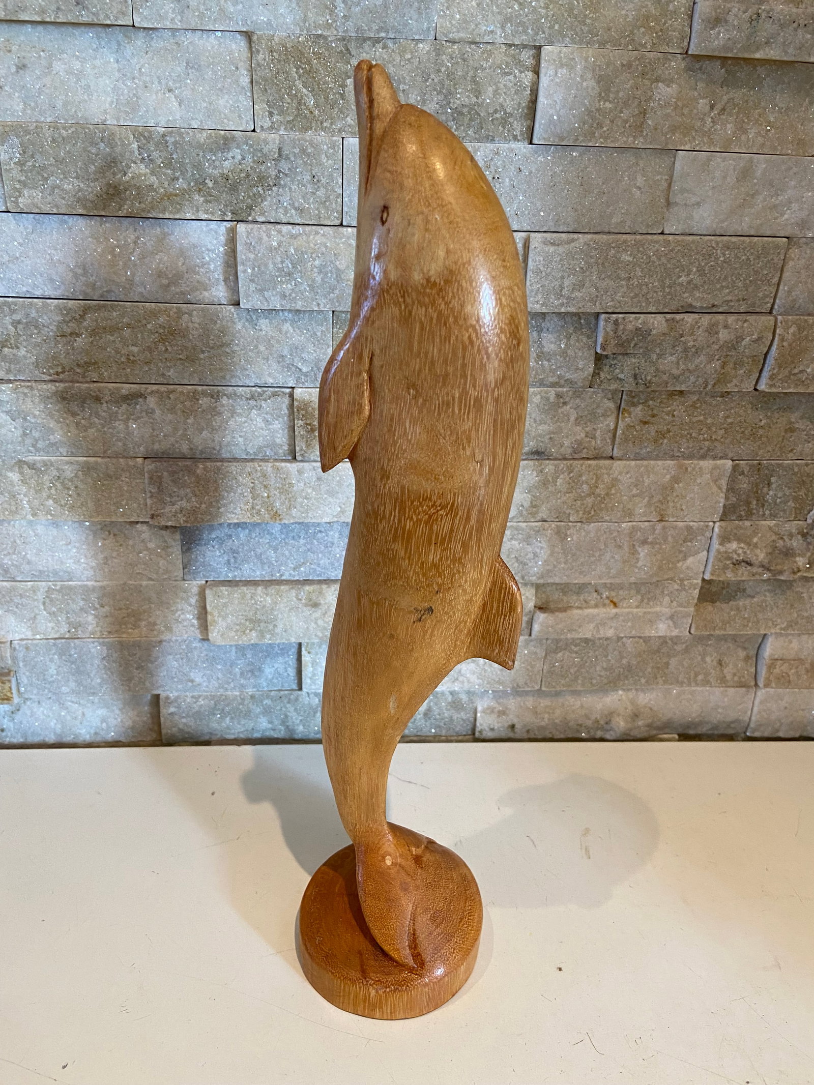 Vintage Large Golden Hardwood Hand Carved Dolphin Statue - 7