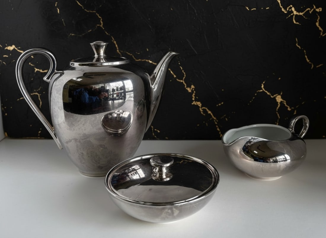 Mid-Century Silver Plated Porcelain Tea Set Teapot Creamer Sugar Bowl Vintage - 2