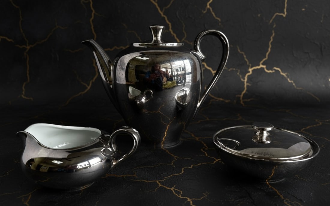 Mid-Century Silver Plated Porcelain Tea Set Teapot Creamer Sugar Bowl Vintage - 4