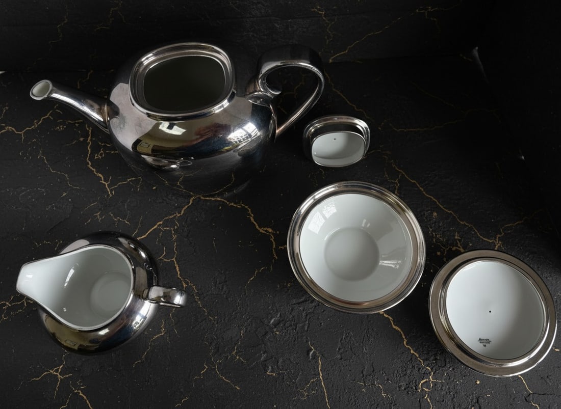 Mid-Century Silver Plated Porcelain Tea Set Teapot Creamer Sugar Bowl Vintage - 8