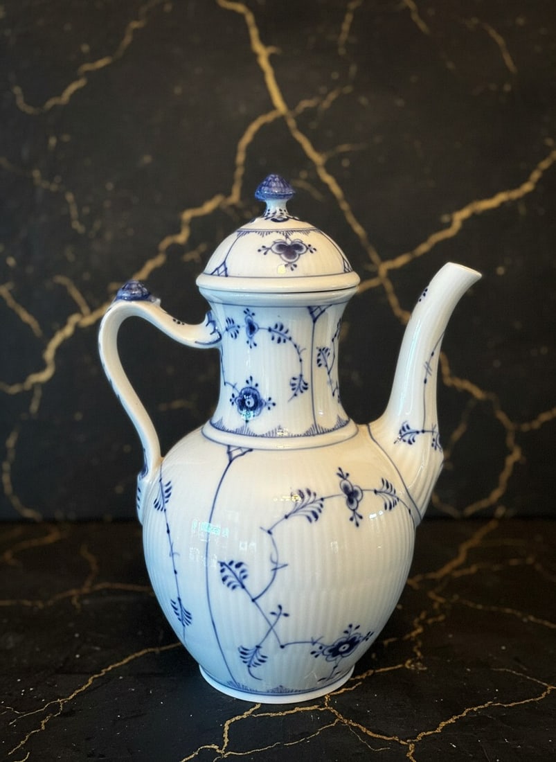 Danish Porcelain Half Lace Fluted Coffee Pot Blue and White 9.5 Inch Tea Server - 2