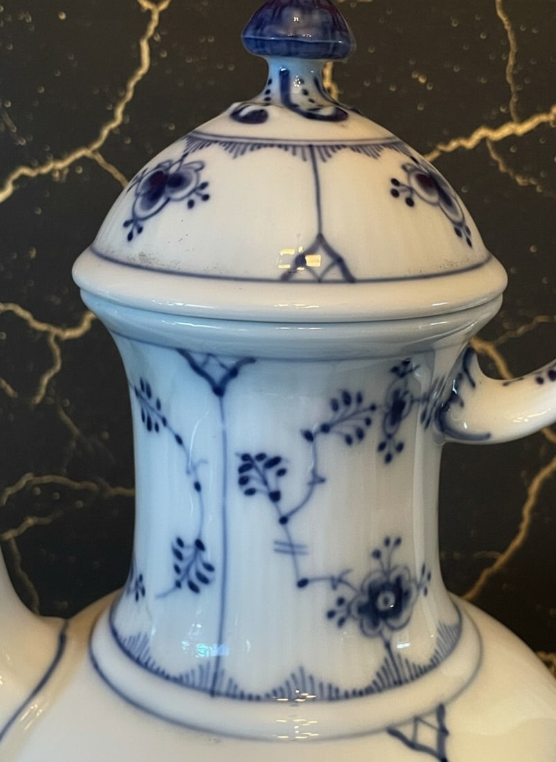 Danish Porcelain Half Lace Fluted Coffee Pot Blue and White 9.5 Inch Tea Server - 3
