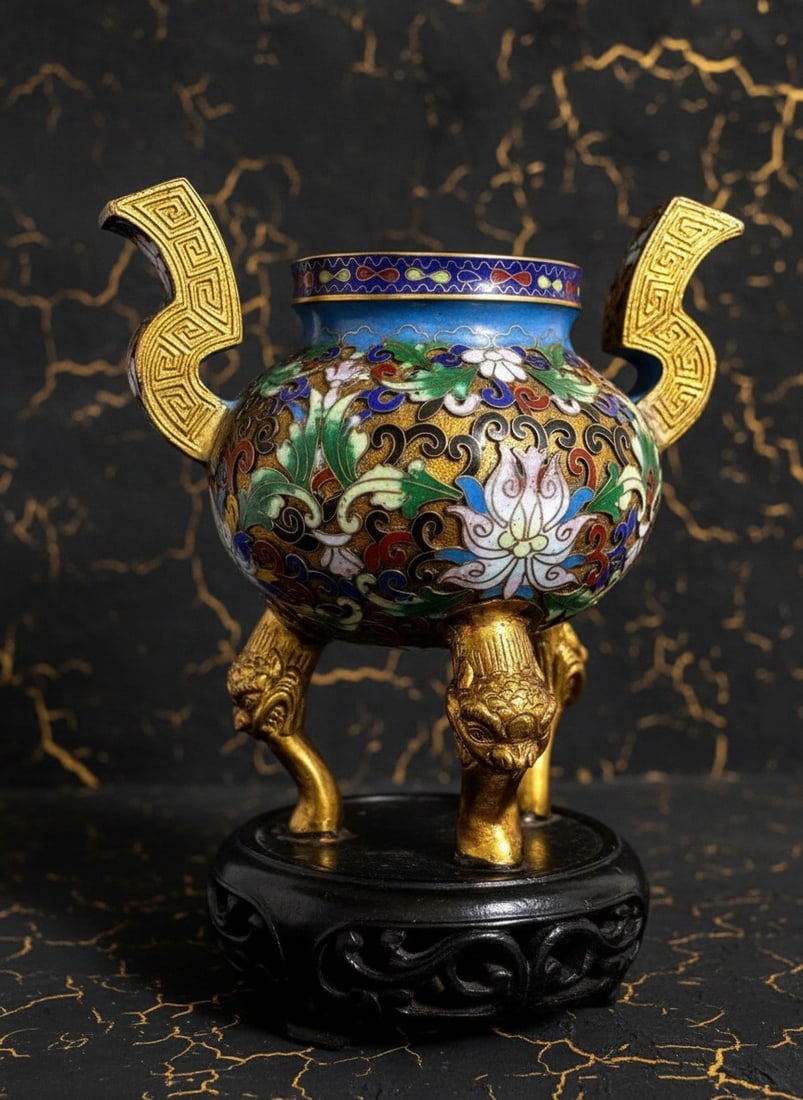 Antique Chinese Cloisonne Incense Censer 6" Enamel Vessel Brass Foo Dog Feet - 16
