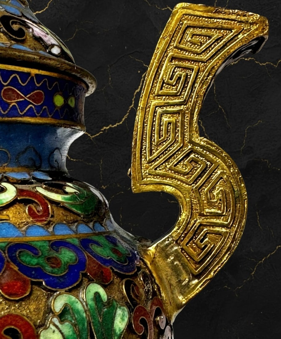 Antique Chinese Cloisonne Incense Censer 6" Enamel Vessel Brass Foo Dog Feet - 2