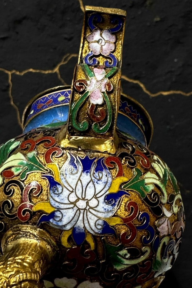 Antique Chinese Cloisonne Incense Censer 6" Enamel Vessel Brass Foo Dog Feet - 3