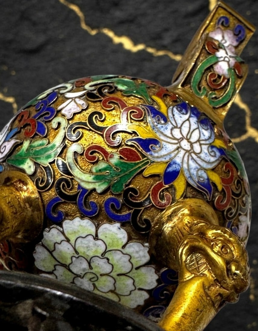 Antique Chinese Cloisonne Incense Censer 6" Enamel Vessel Brass Foo Dog Feet - 4