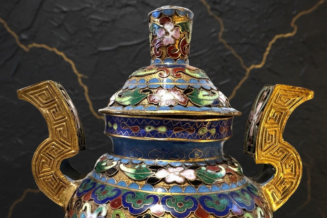 Antique Chinese Cloisonne Incense Censer 6" Enamel Vessel Brass Foo Dog Feet - 5
