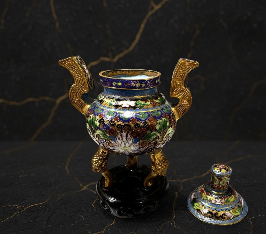 Antique Chinese Cloisonne Incense Censer 6" Enamel Vessel Brass Foo Dog Feet - 6