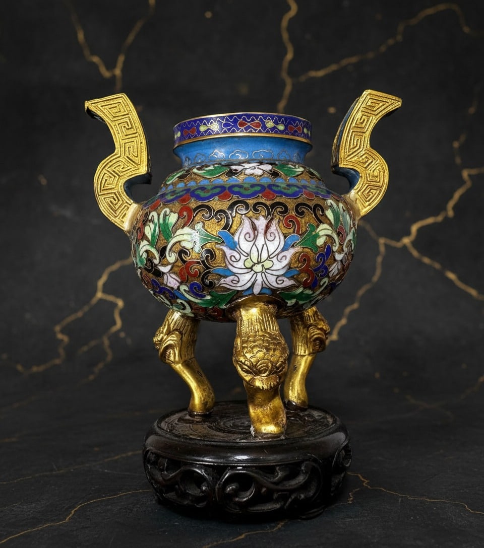 Antique Chinese Cloisonne Incense Censer 6" Enamel Vessel Brass Foo Dog Feet - 7