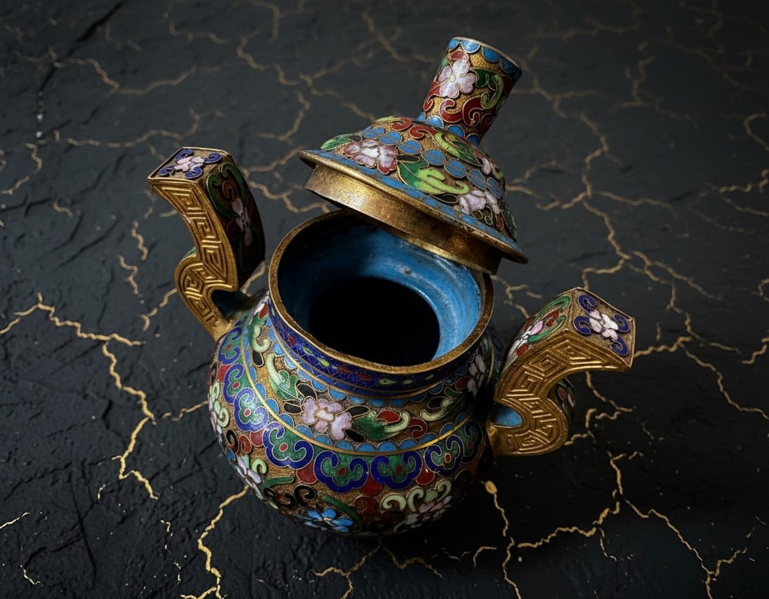 Antique Chinese Cloisonne Incense Censer 6" Enamel Vessel Brass Foo Dog Feet - 8