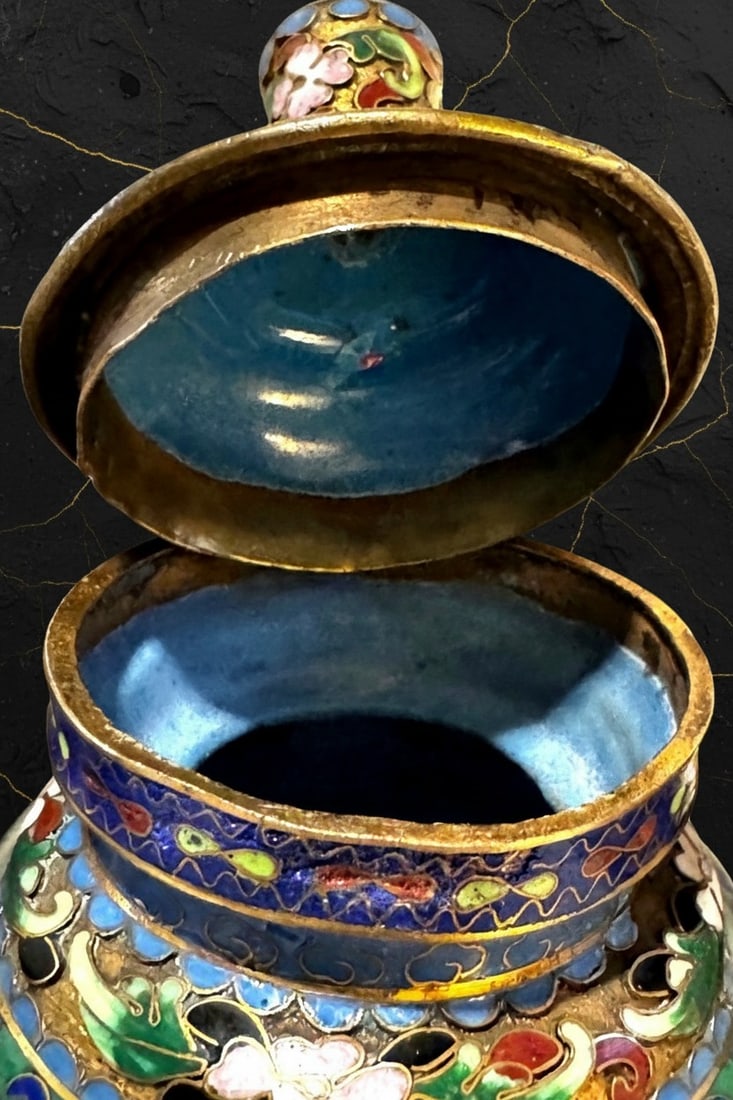 Antique Chinese Cloisonne Incense Censer 6" Enamel Vessel Brass Foo Dog Feet - 9