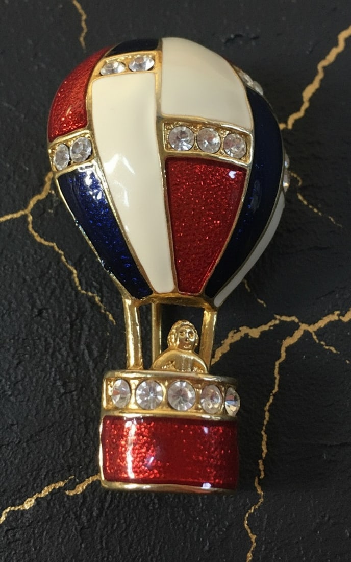 Vintage Patriotic Hot Air Balloon Pin Red White Blue Enamel Rhinestone 2" - 2