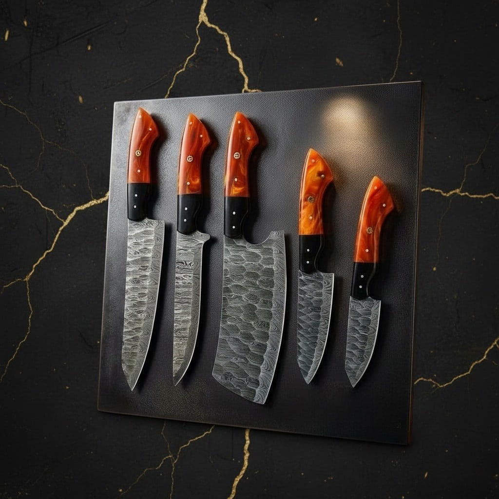 Custom Hand-Forged Damascus Steel Kitchen Chef Knife Set Professional Cutlery - 2
