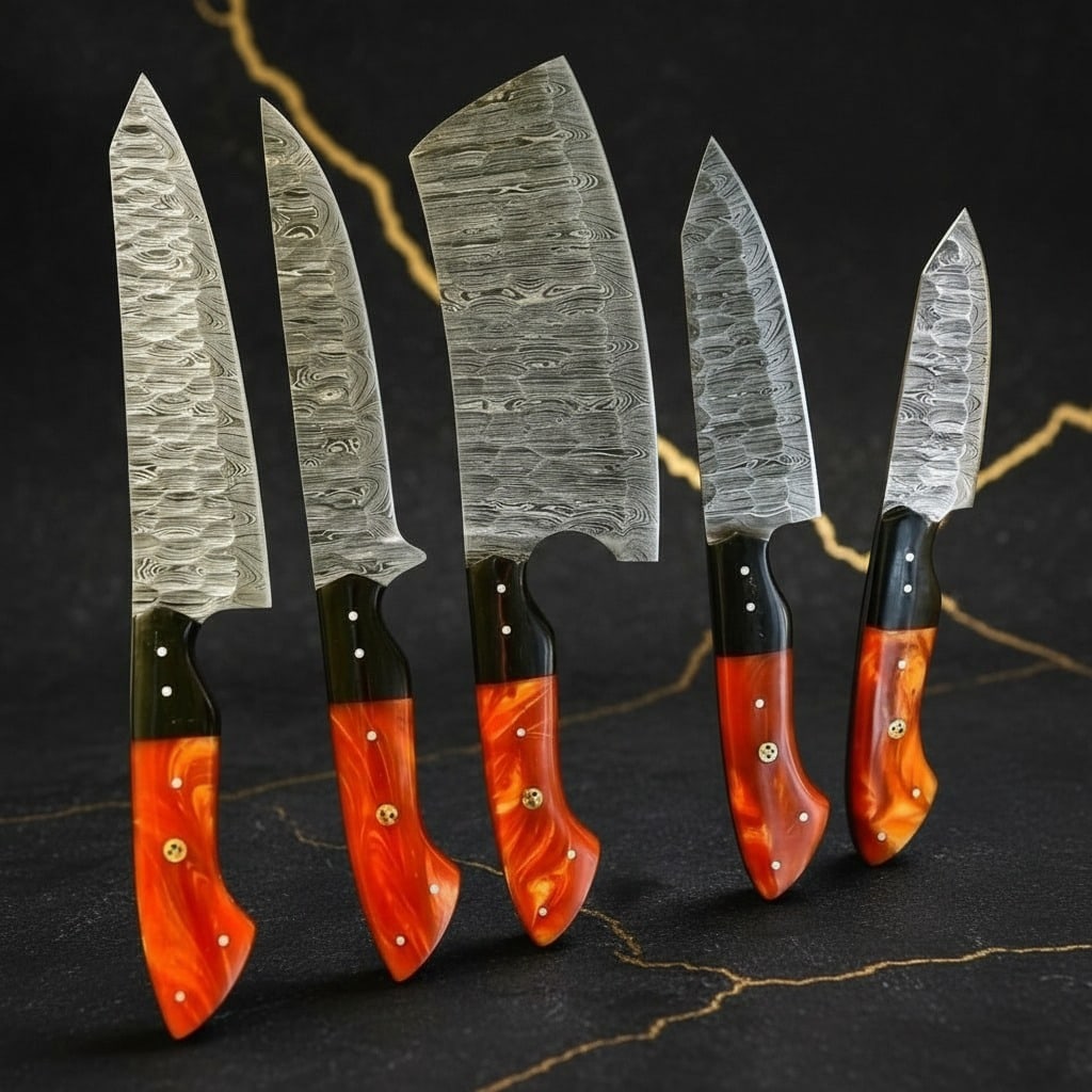 Custom Hand-Forged Damascus Steel Kitchen Chef Knife Set Professional Cutlery - 3