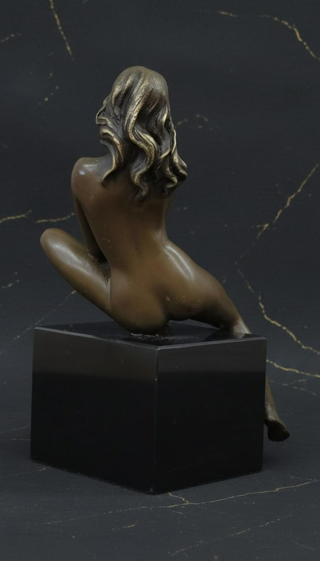 Art Deco Style Bronze Sculpture Signed Nude Female Figurine on Marble Base - 4