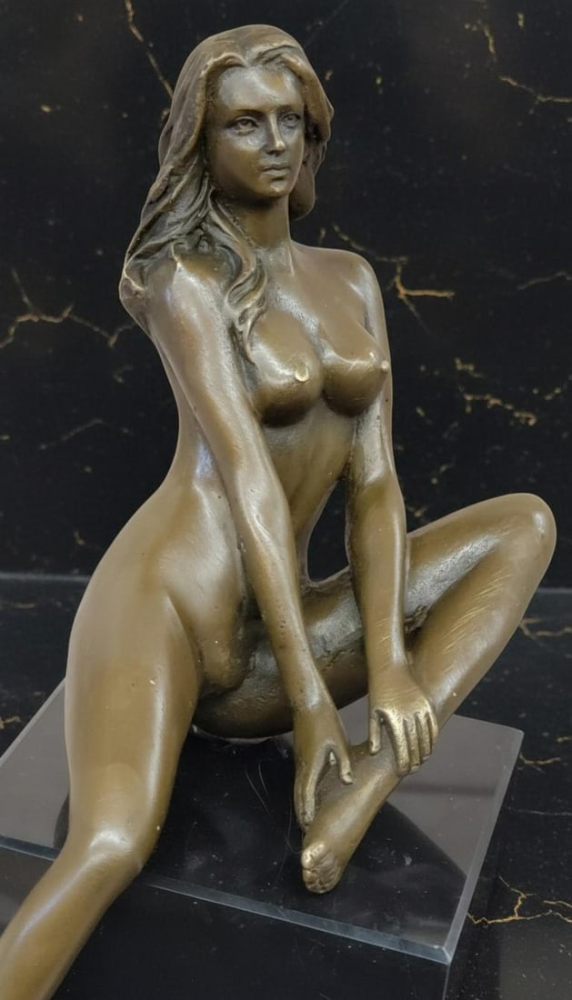 Art Deco Style Bronze Sculpture Signed Nude Female Figurine on Marble Base - 5