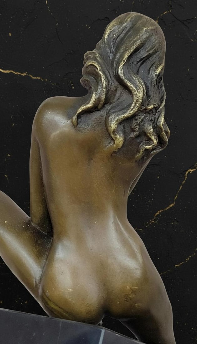 Art Deco Style Bronze Sculpture Signed Nude Female Figurine on Marble Base - 7
