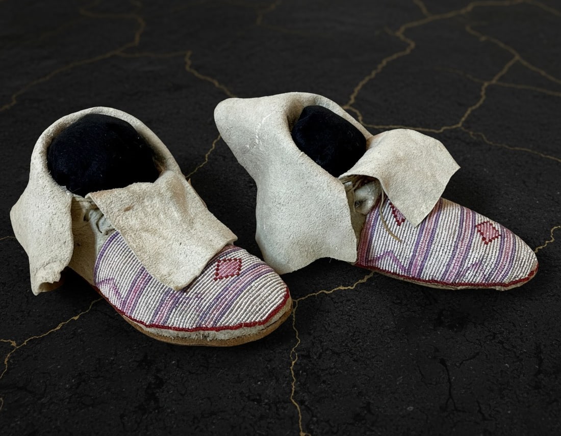 Vintage Early 20th Century Plains Native American Beaded Moccasins Excellent - 2