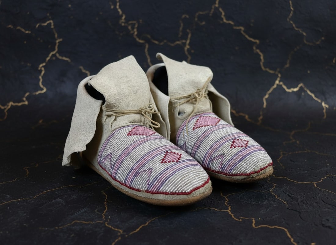 Vintage Early 20th Century Plains Native American Beaded Moccasins Excellent - 3