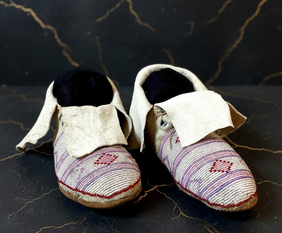 Vintage Early 20th Century Plains Native American Beaded Moccasins Excellent - 4