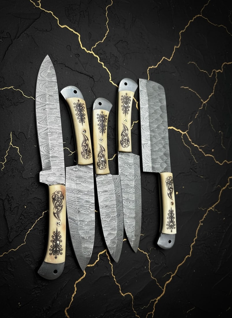 Hand-Forged Damascus Kitchen Knife Set, Camel Bone Handle Professional Tools - 2