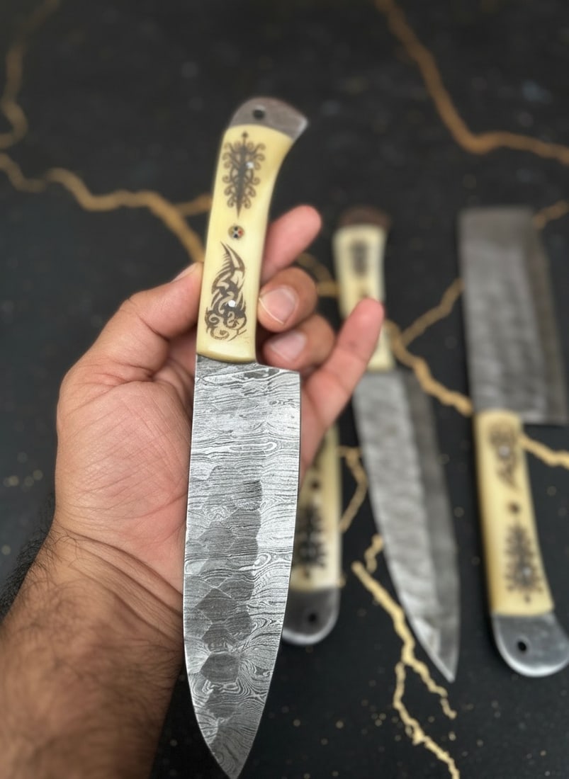 Hand-Forged Damascus Kitchen Knife Set, Camel Bone Handle Professional Tools - 7