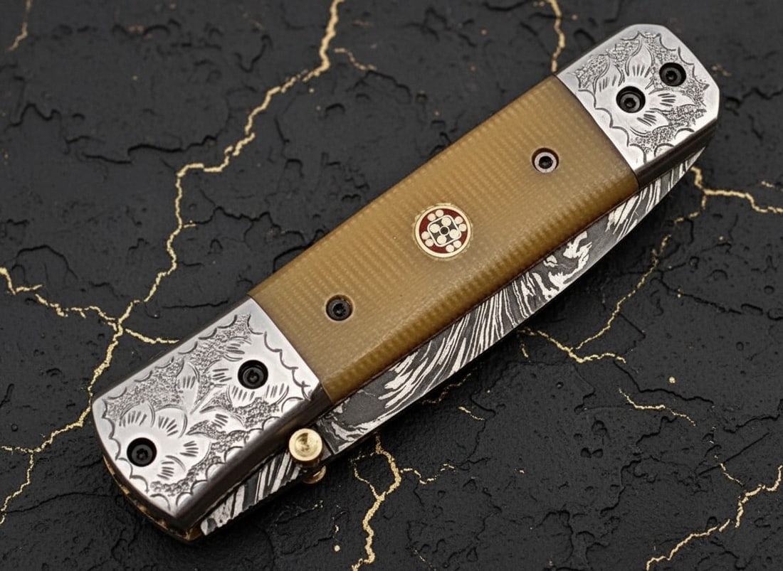 Hand-Crafted Damascus Steel Folding Knife Camel Bone Handle Engraved Bolster - 2