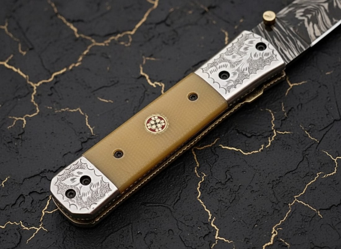 Hand-Crafted Damascus Steel Folding Knife Camel Bone Handle Engraved Bolster - 3