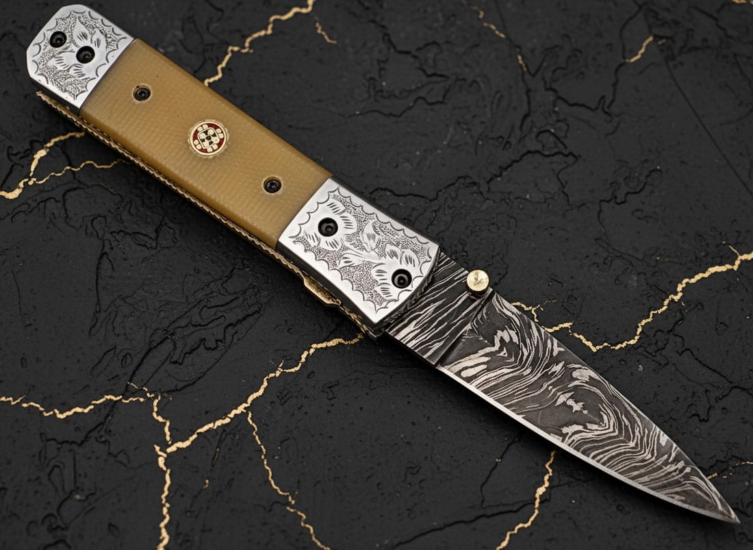 Hand-Crafted Damascus Steel Folding Knife Camel Bone Handle Engraved Bolster - 4