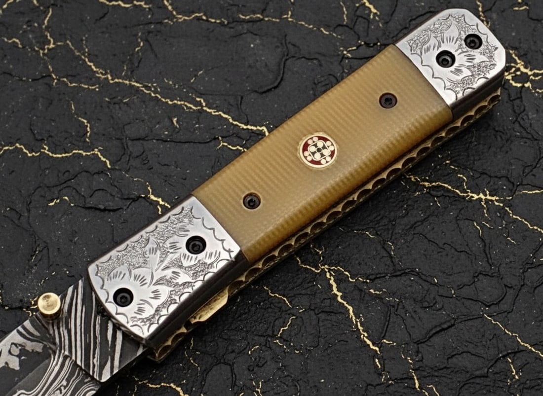 Hand-Crafted Damascus Steel Folding Knife Camel Bone Handle Engraved Bolster - 7
